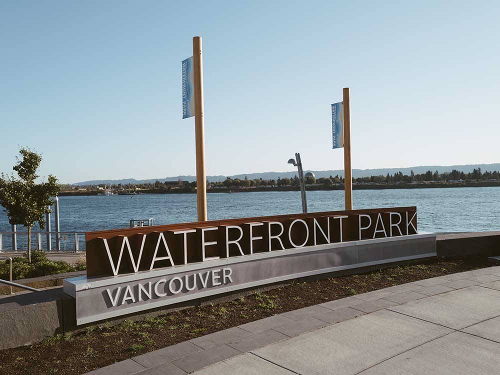 The Waterfront Park Vancouver sign nearby at CLARK COUNTY FAIRGROUNDS RV PARK AND STORAGE