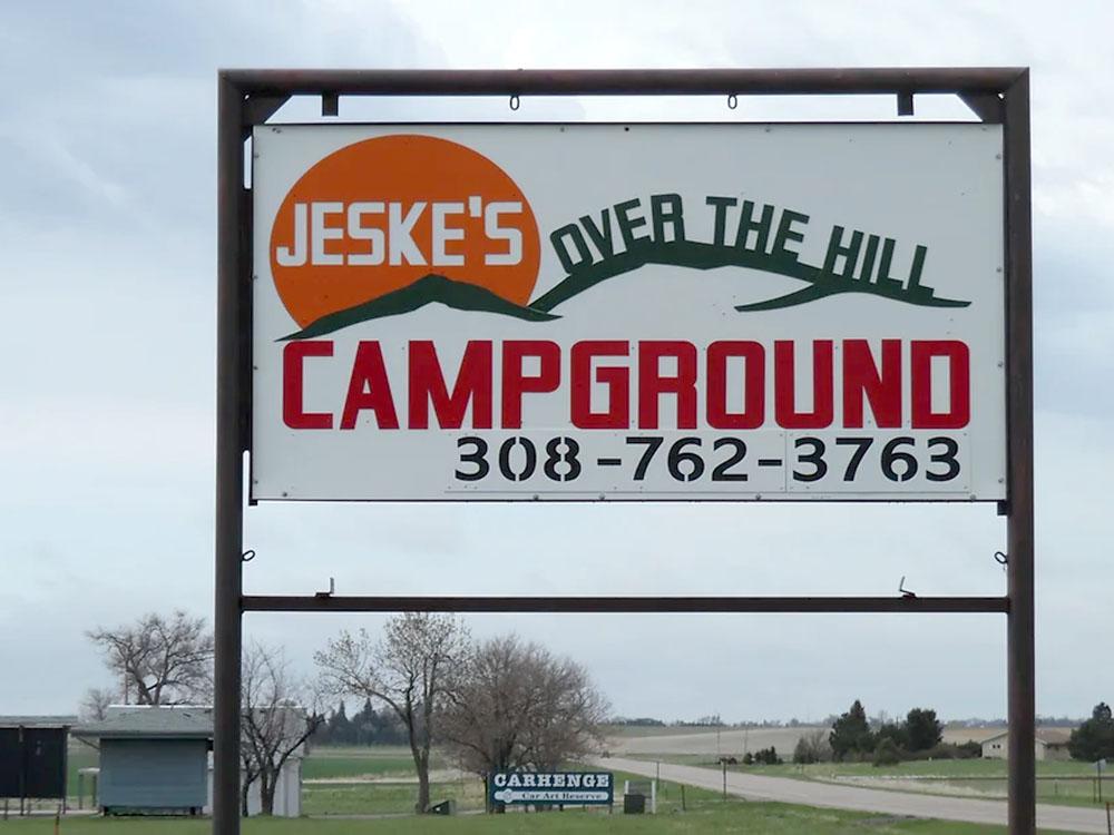 The large front entrance sign at JESKE'S OVER THE HILL CAMPGROUND