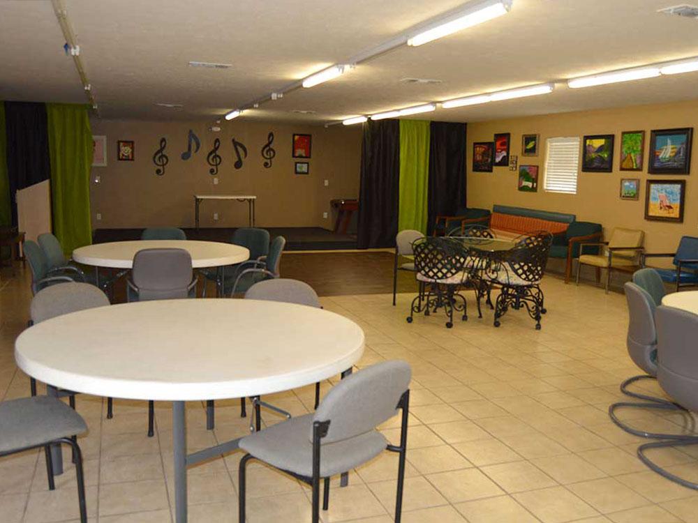 Interior of the rec hall with performing stage at TEXARKANA RV PARK