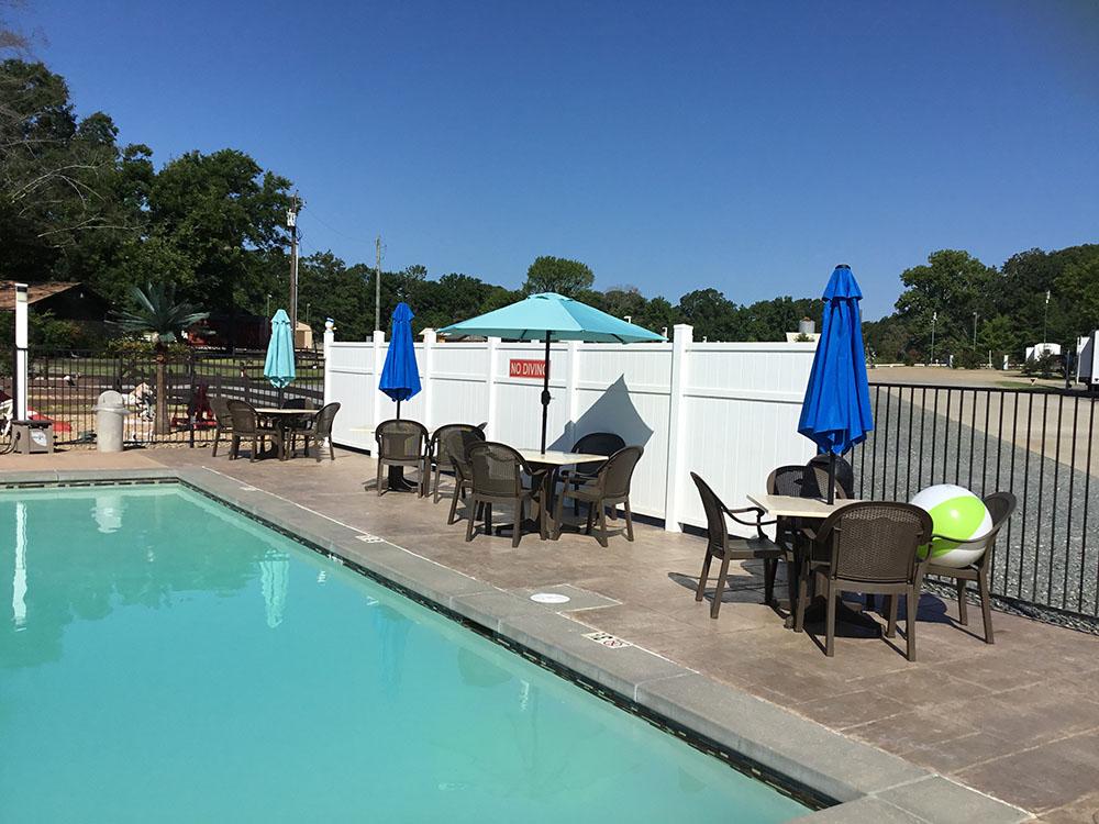 Tables with umbrellas by the pool at TEXARKANA RV PARK