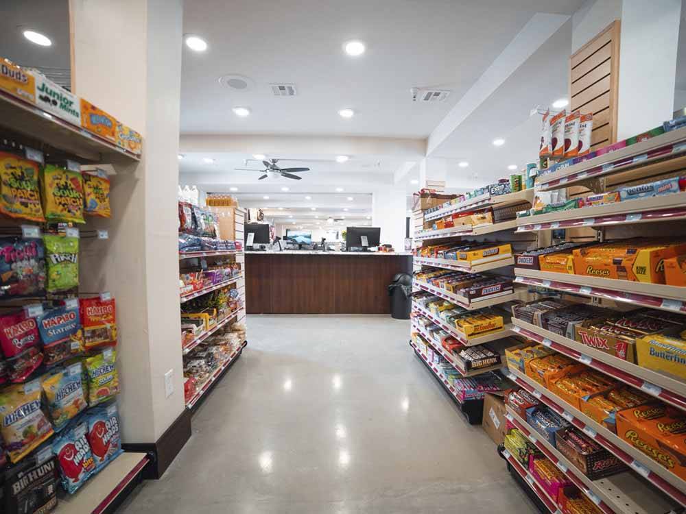 The rows of snacks in the general store at IRON SPRINGS ADVENTURE RESORT