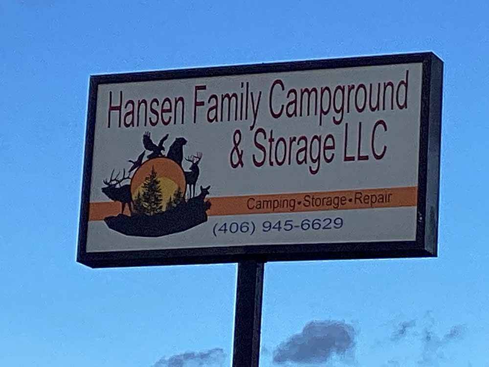The front entrance sign at HANSEN FAMILY CAMPGROUND & STORAGE
