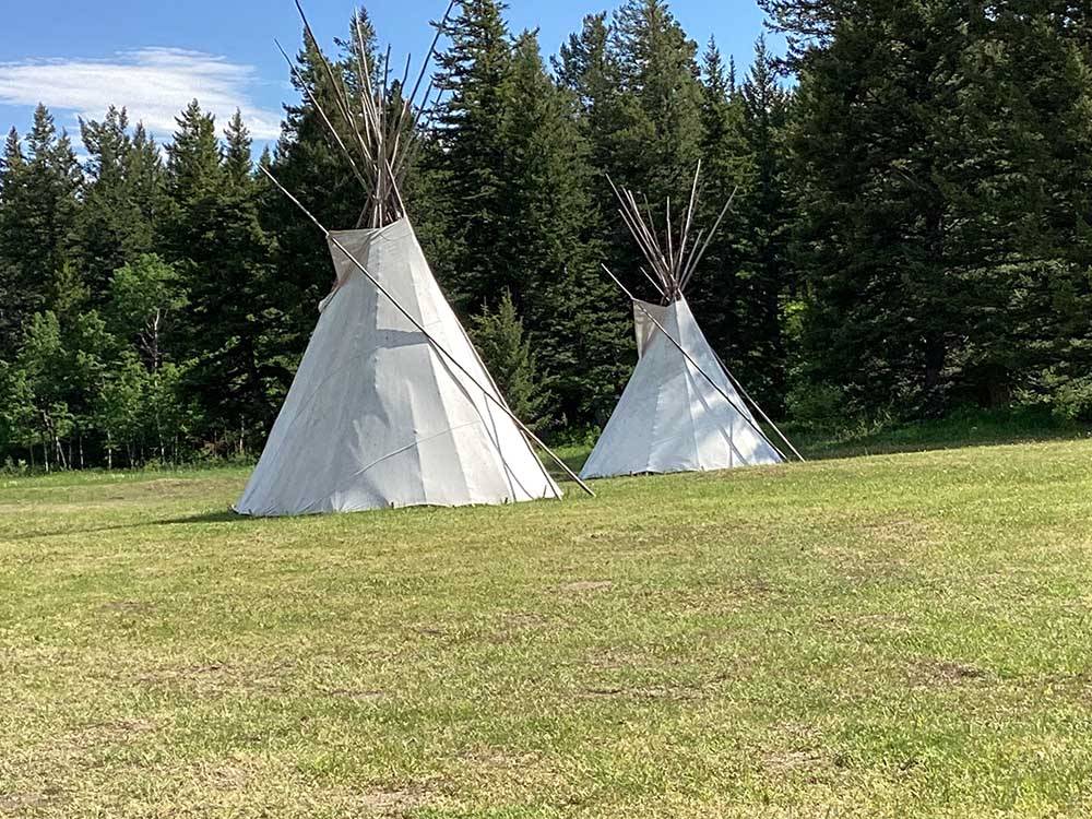 A pair of white teepees in a field at RED EAGLE CAMPGROUND