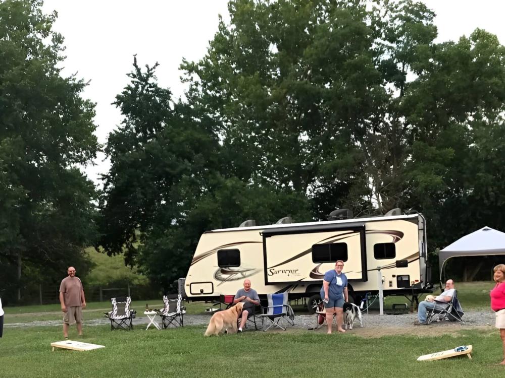 People playing cornhole