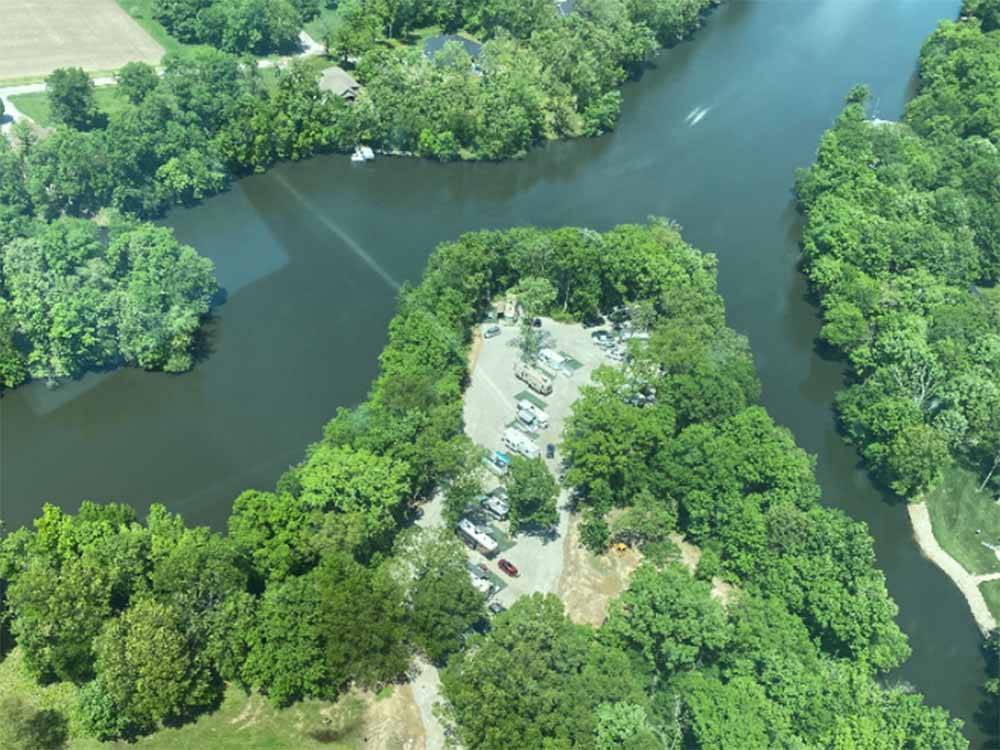 Aerial view of the campground and lake at OAK TERRACE RV RESORT