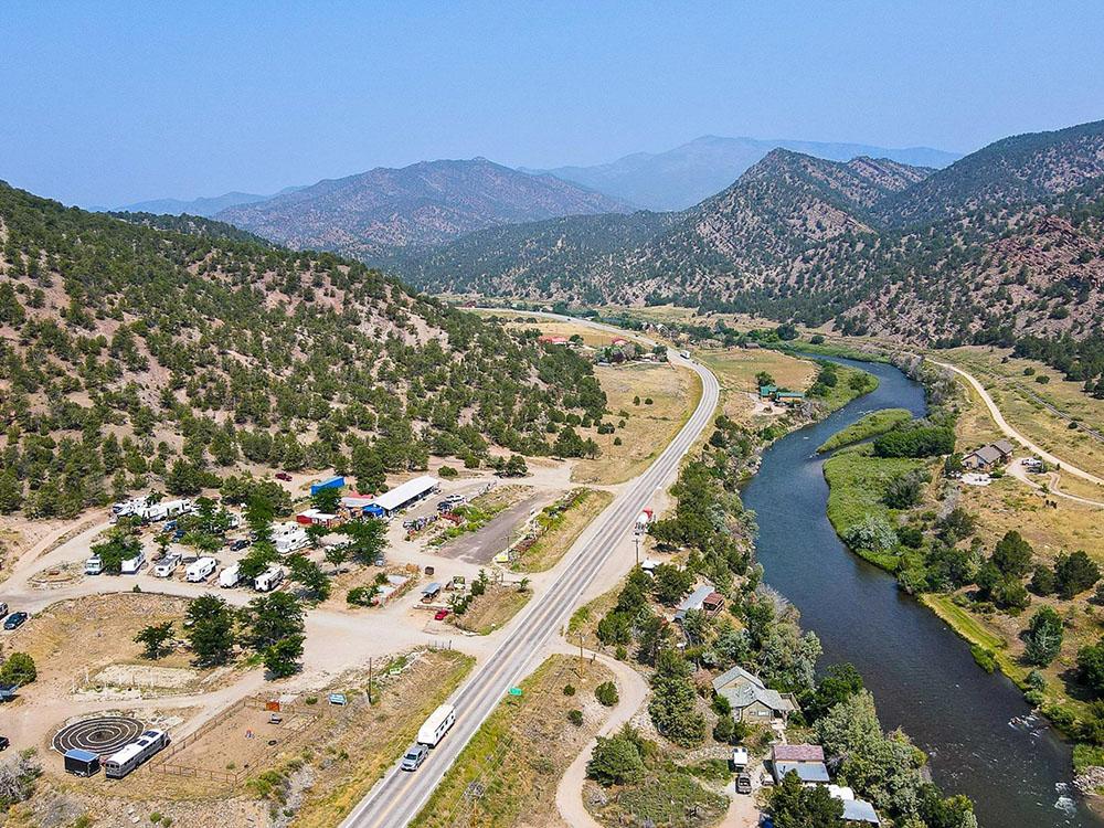 Aerial view of the campground and river at BLACK BEAR RETREAT
