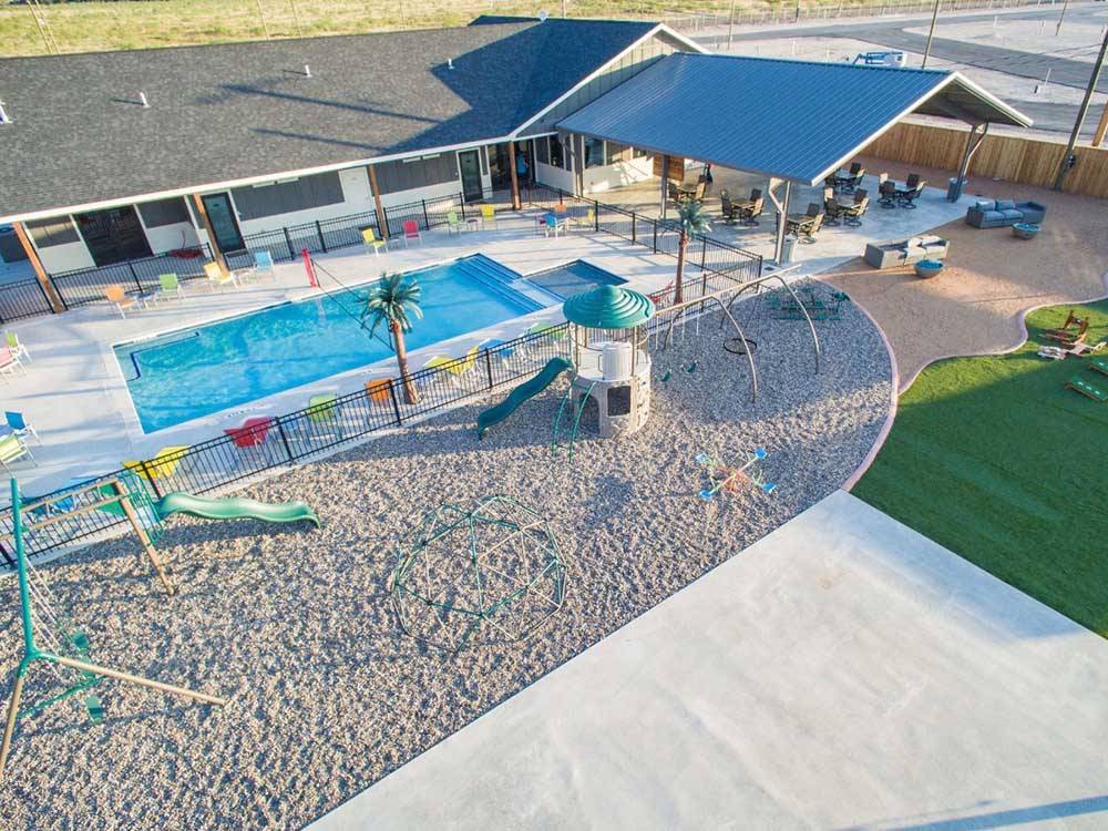 An aerial view of the swimming pool area at PARK PLACE RV RESORT