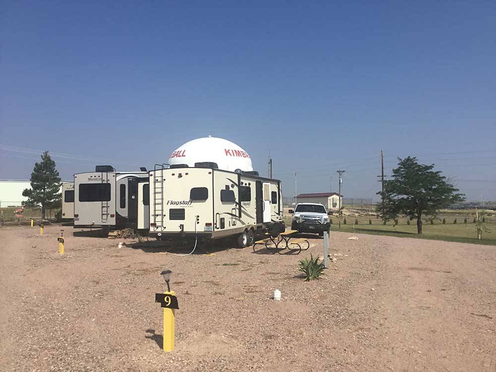 Three fifth wheel trailers parked in sites at HIGH POINT RV PARK