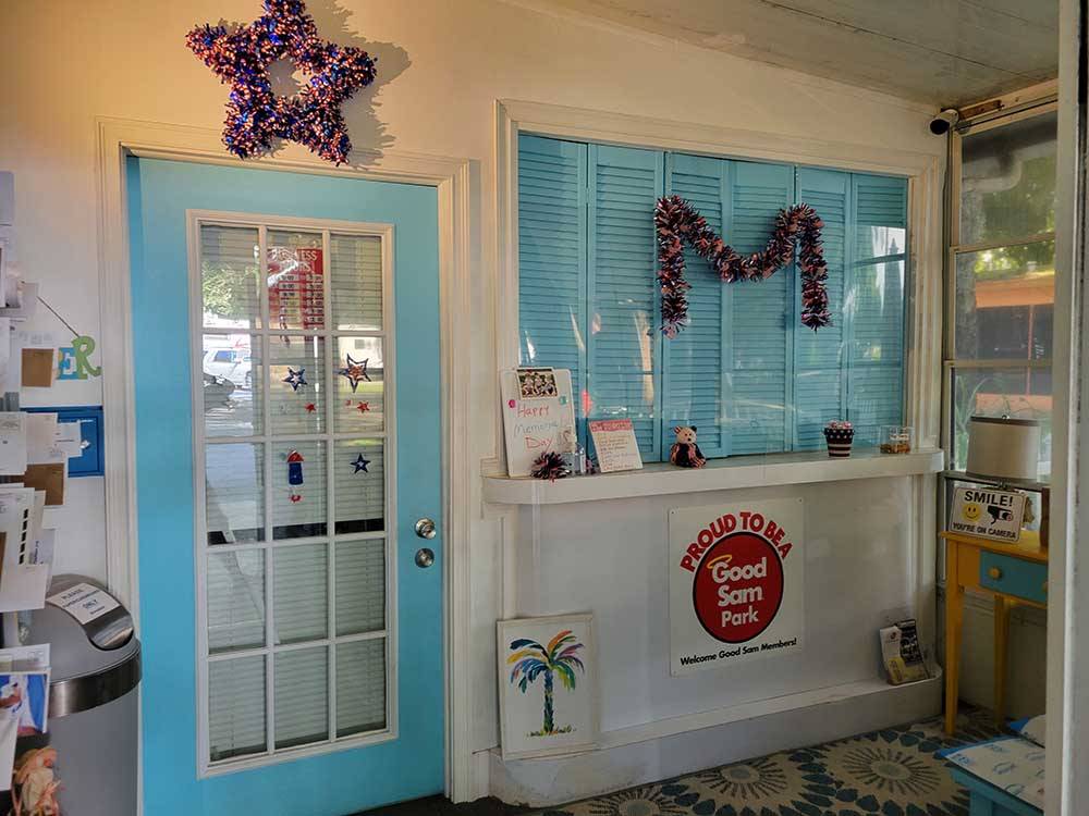 Registration desk decorated for Memorial Day at HAINES CREEK RV PARK
