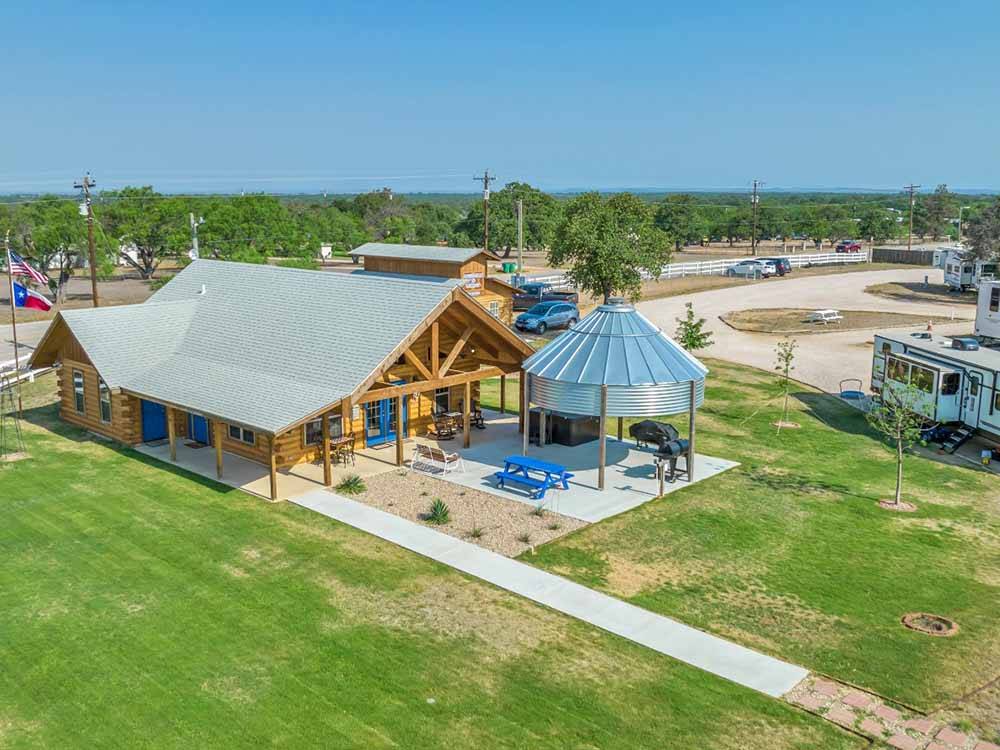 An aerial view of the clubhouse at FREEDOM LIVES RANCH RV RESORT