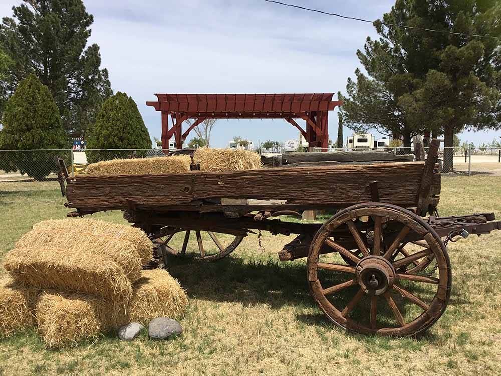 Some hay in a old wooden wagon at HILLTOP RV PARK