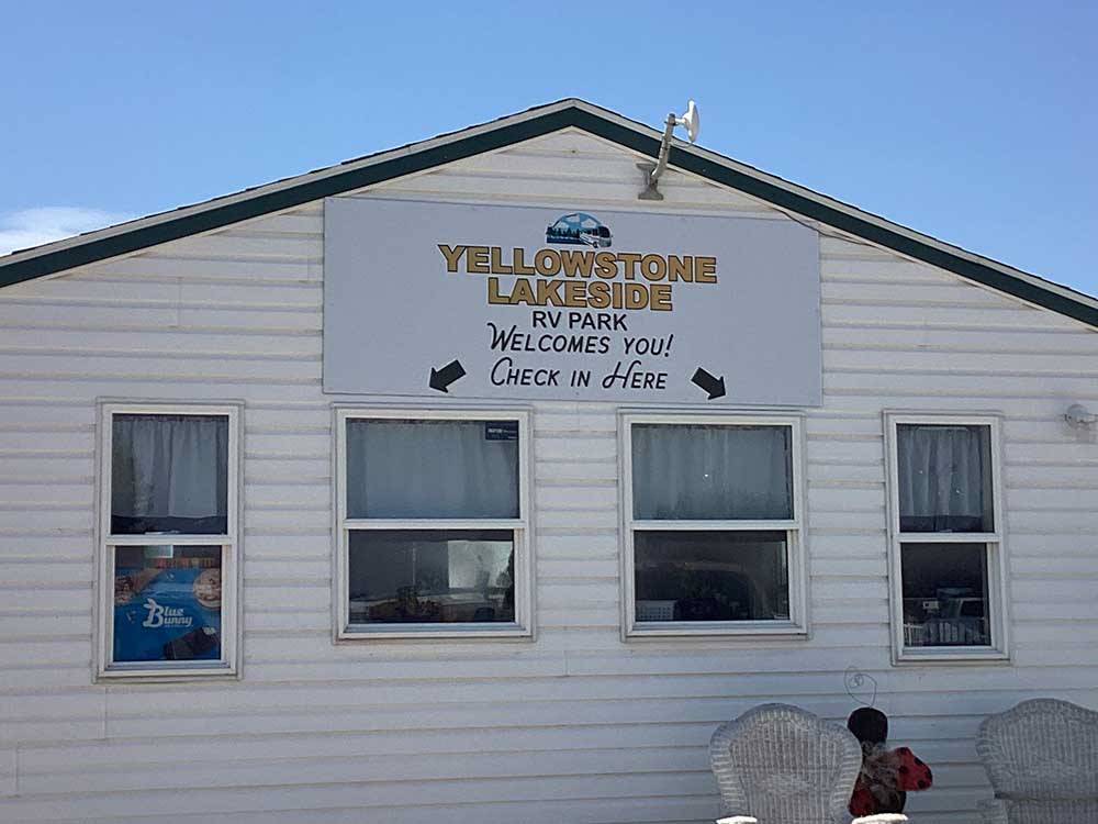 Welcome sign outside main building at YELLOWSTONE LAKESIDE RV PARK