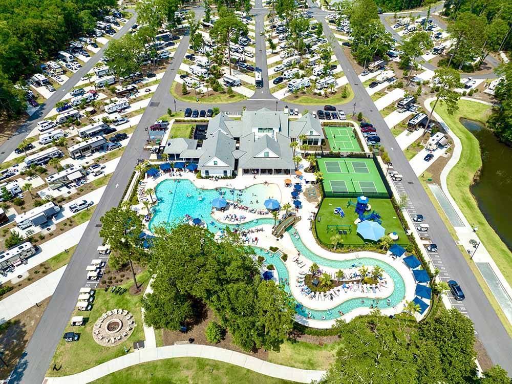 An aerial view of the lazy river, pool and rec area at HILTON HEAD NATIONAL RV RESORT