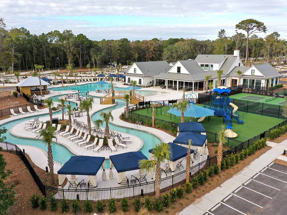 An aerial view of the lazy river and pool at HILTON HEAD NATIONAL RV RESORT