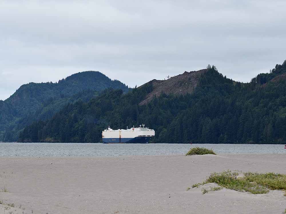 A large ship at the port nearby at VISTA PARK