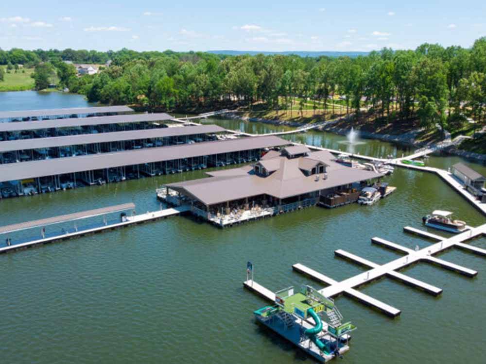 An aerial view of the docks at TWIN CREEKS RV RESORT