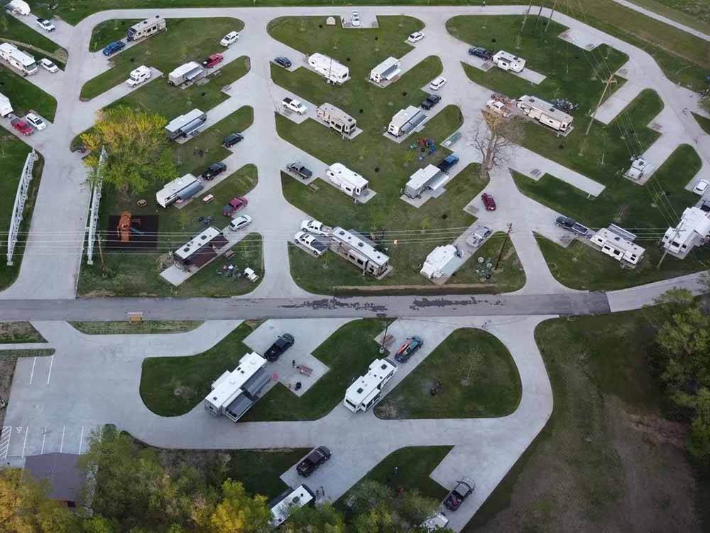 An aerial view of some of the paved RV sites at ASHLAND RV CAMPGROUND