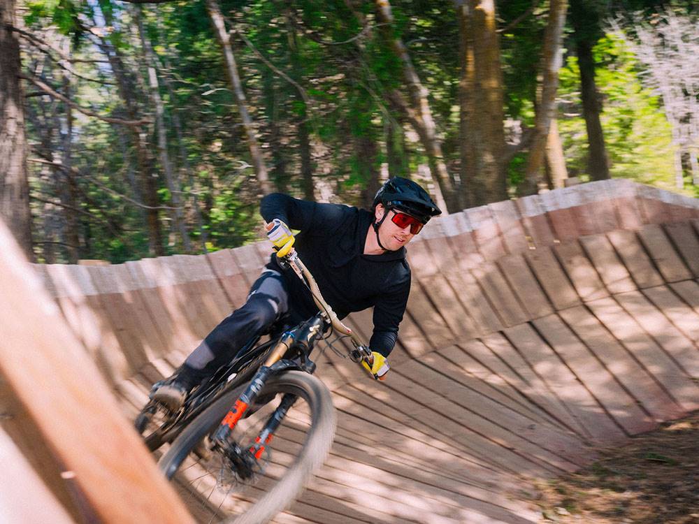 A man rides on the bike track
