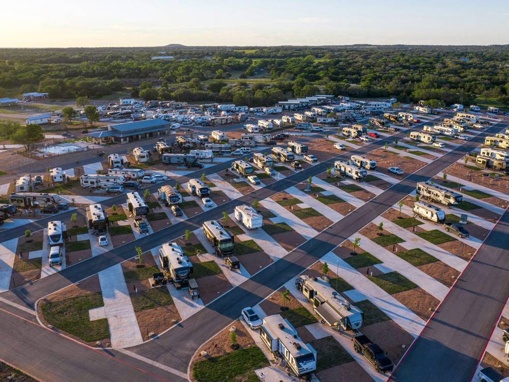 An aerial view of the concrete RV sites at Jetstream RV Resort at Stone Oak Ranch