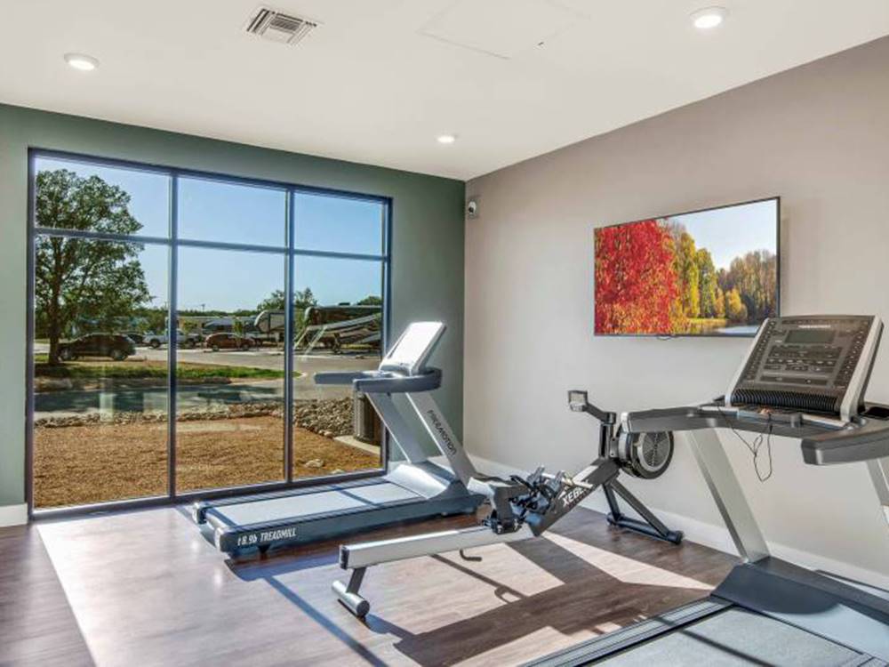 Inside of the exercise room at Jetstream RV Resort at Stone Oak Ranch