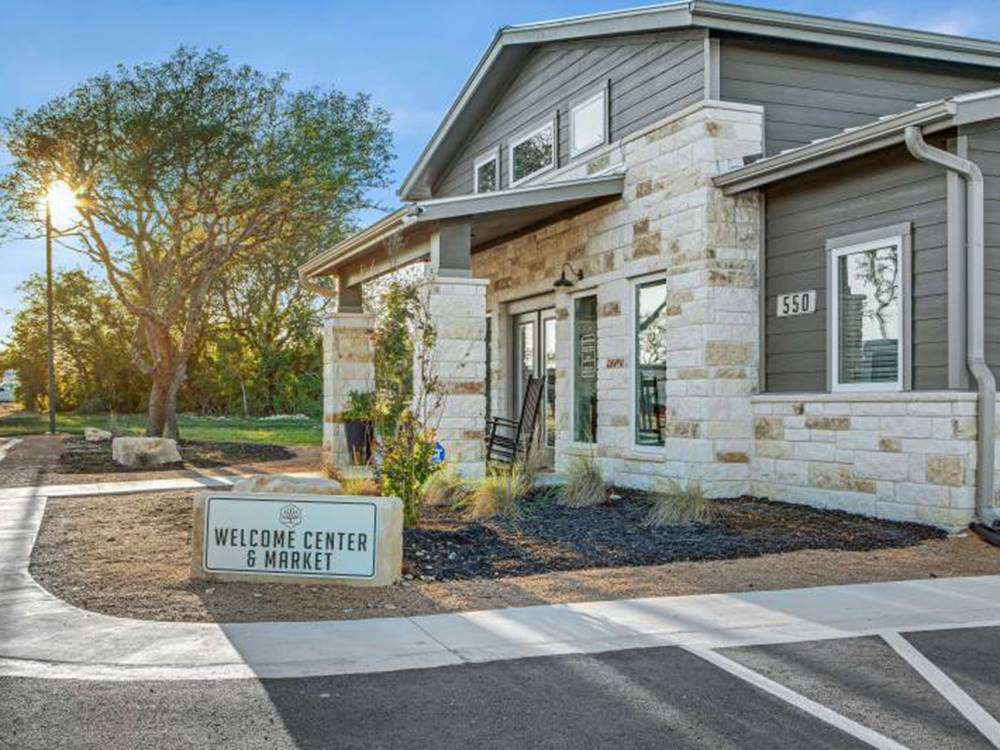 The front of the Welcome Center and Market at Jetstream RV Resort at Stone Oak Ranch