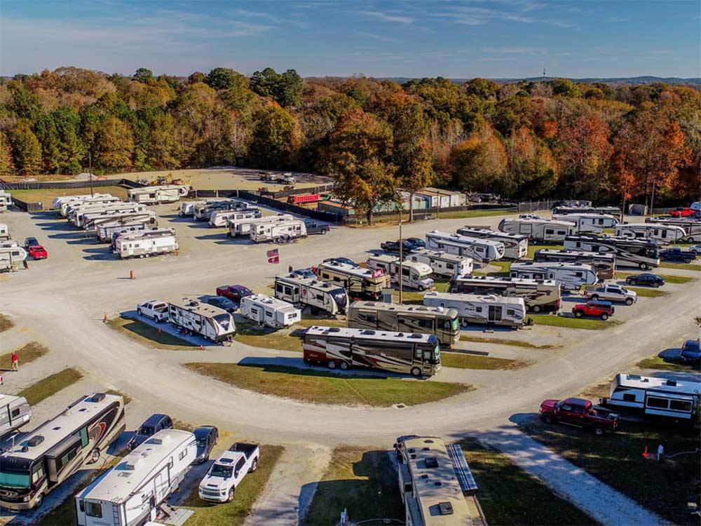 Overhead view or RVs parked on-site at BAMA RV STATION