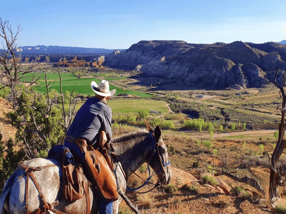 A man in western wear, riding a horse at Bryce Valley Ranch RV and Horse Park