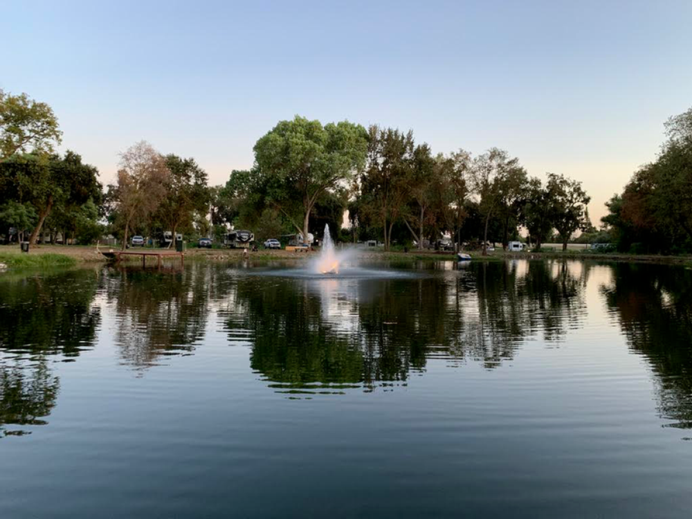 Lake with a fountain at Riverbend RV Park