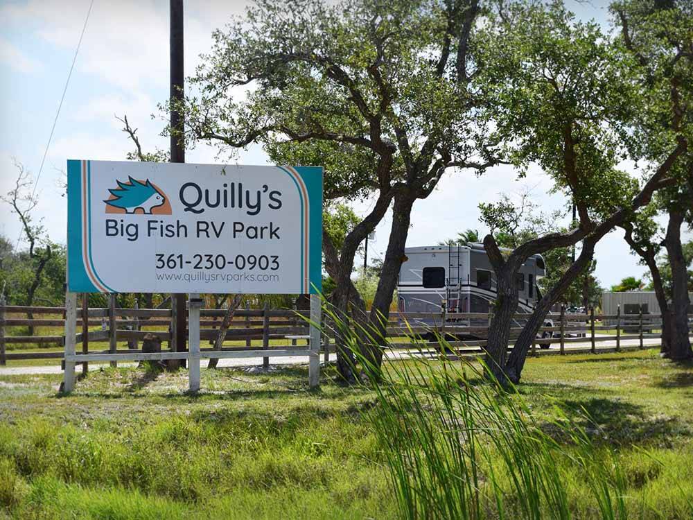The front entrance sign at QUILLY'S BIG FISH RV PARK