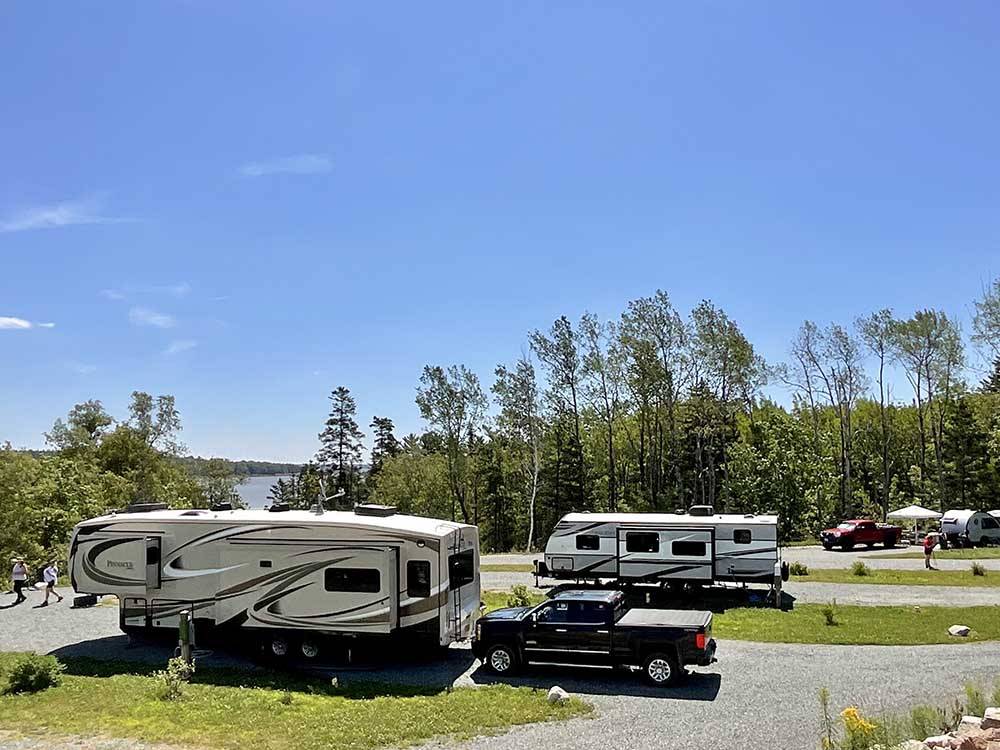 Overhead view of towables parked onsite at WEST BAY ACADIA RV CAMPGROUND
