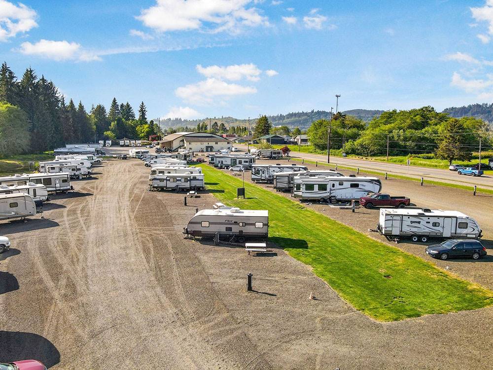 Aerial view of parked trailers in sites