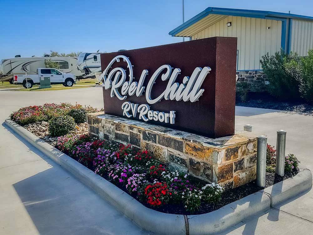 The front entrance sign at REEL CHILL RV RESORT