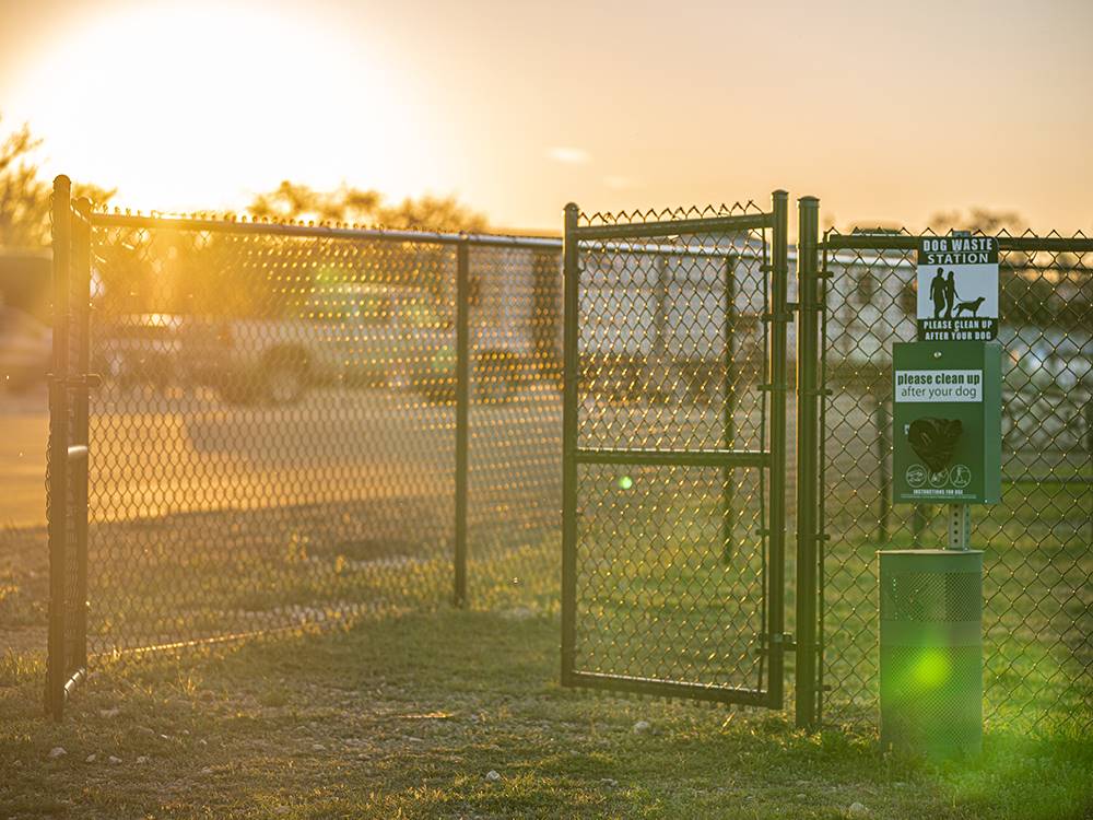 The dog park at sunset at Riverwalk RV Resort