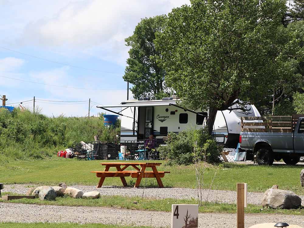 RV site with grassy area and picnic table at SUMMIT RV RESORT