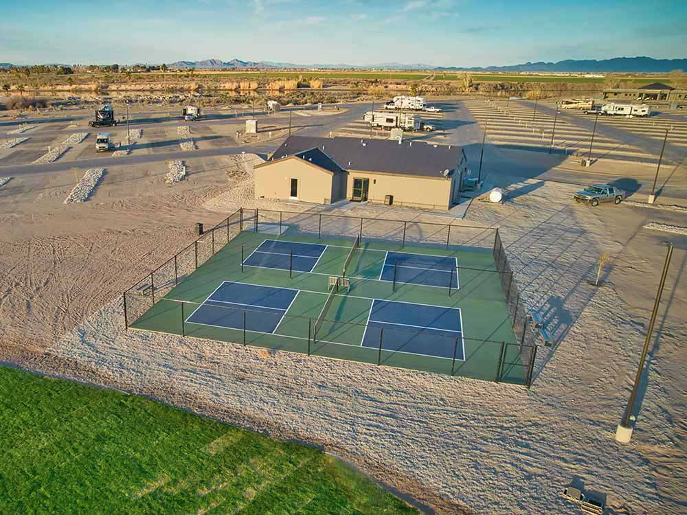 An aerial view of the pickleball courts at RIVER SANDS RV RESORT