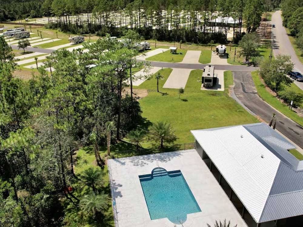 An aerial view of the campsites at WHISPERING PINES RV RESORT EAST AND WEST