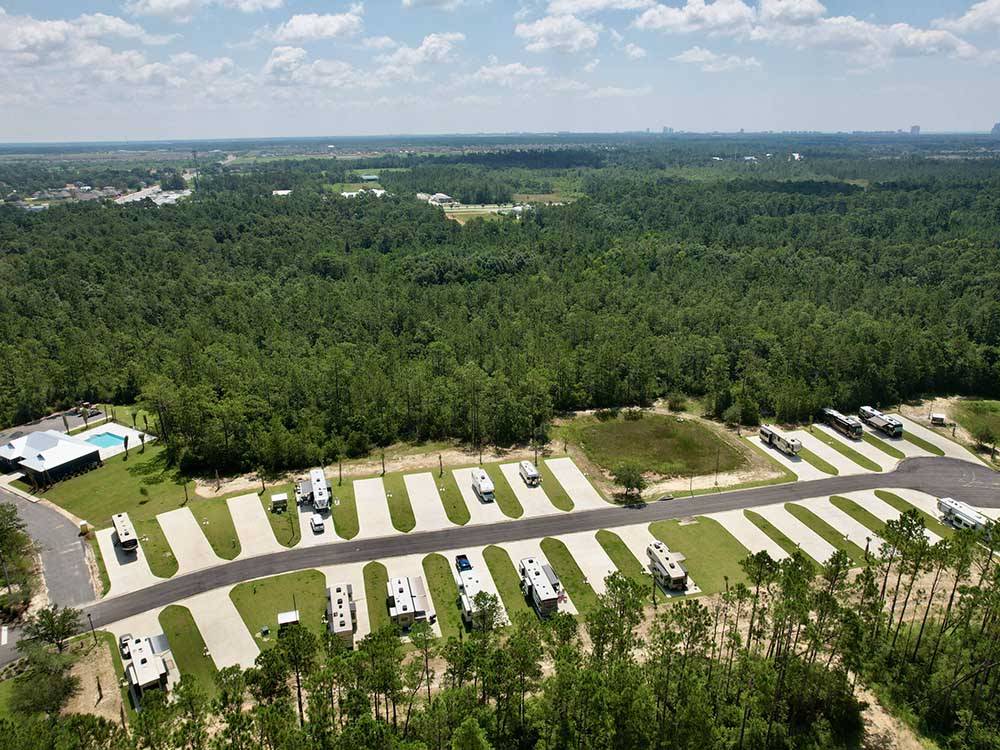 Aerial view of the paved RV sites at WHISPERING PINES RV RESORT EAST AND WEST
