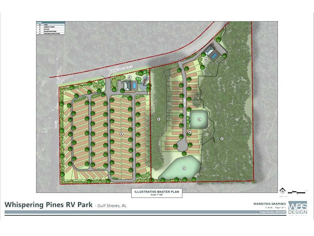 A layout of the campground at Whispering Pines RV Resort East and West