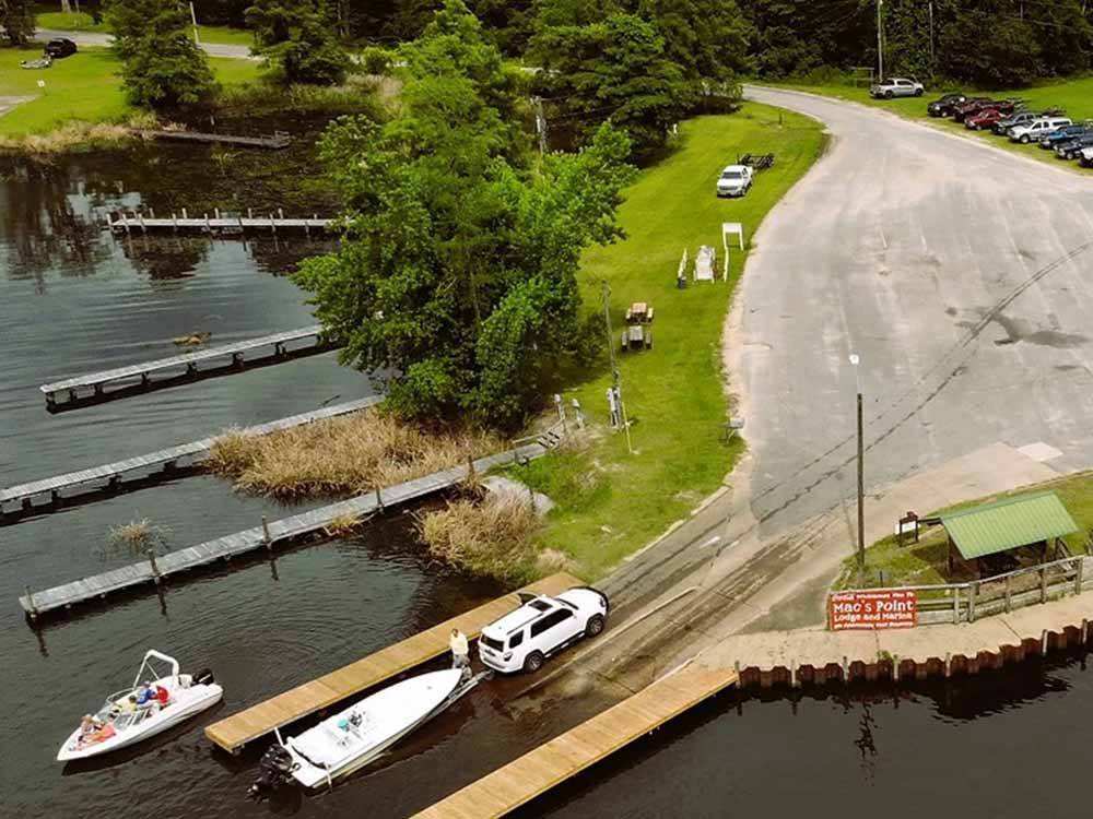 An aerial view of the boat docks and ramp at AT EASE CAMPGROUND & MARINA