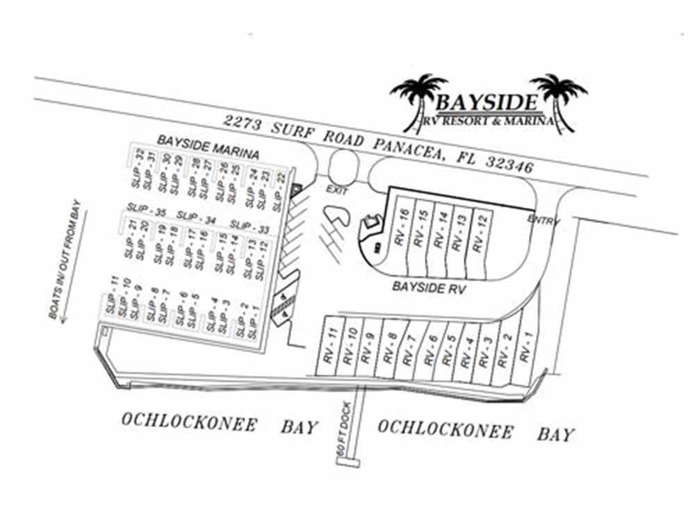 A map of the RV spots at BAYSIDE RV RESORT AND MARINA