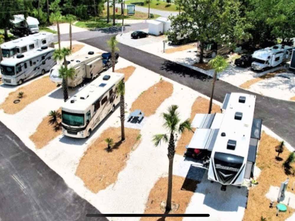 Aerial view of RVs in sites at SOWAL PALMS RV PARK