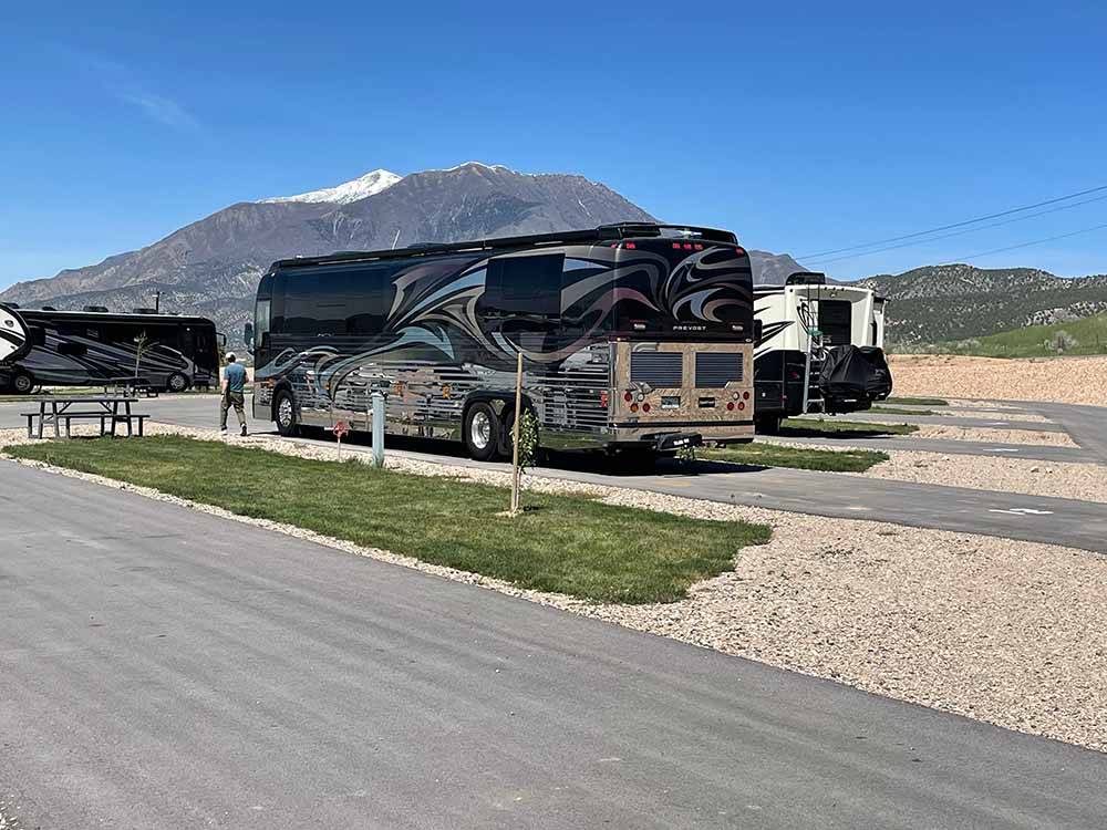 A row of paved pull thru sites at ROLLIN' HOME RV PARK