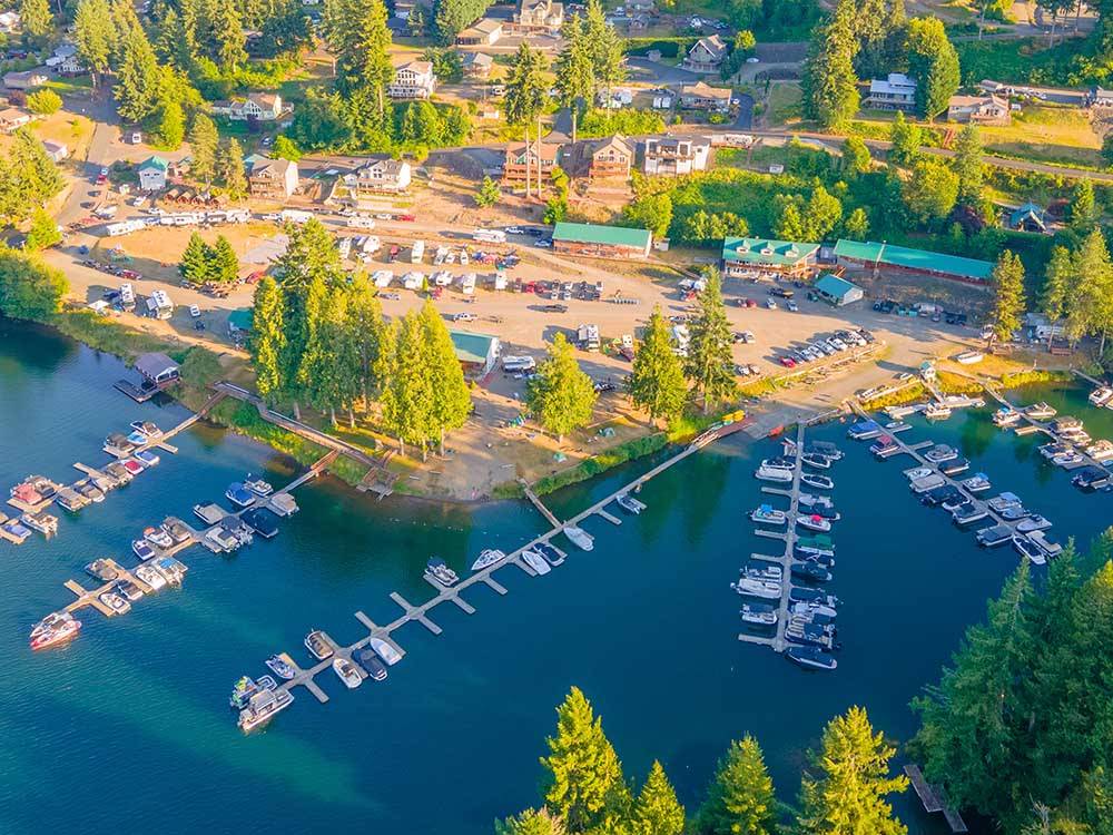 Aerial view of the boat docks and campground at MAYFIELD LAKE RV RESORT AND MARINA