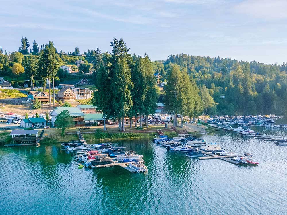An overhead photo of the water and campground at MAYFIELD LAKE RV RESORT AND MARINA