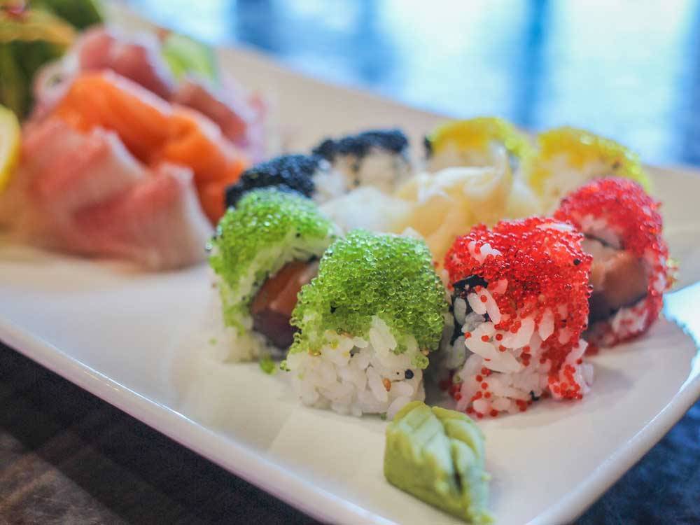 A plate of colorful sushi rolls at TRYON INTERNATIONAL RV RESORT