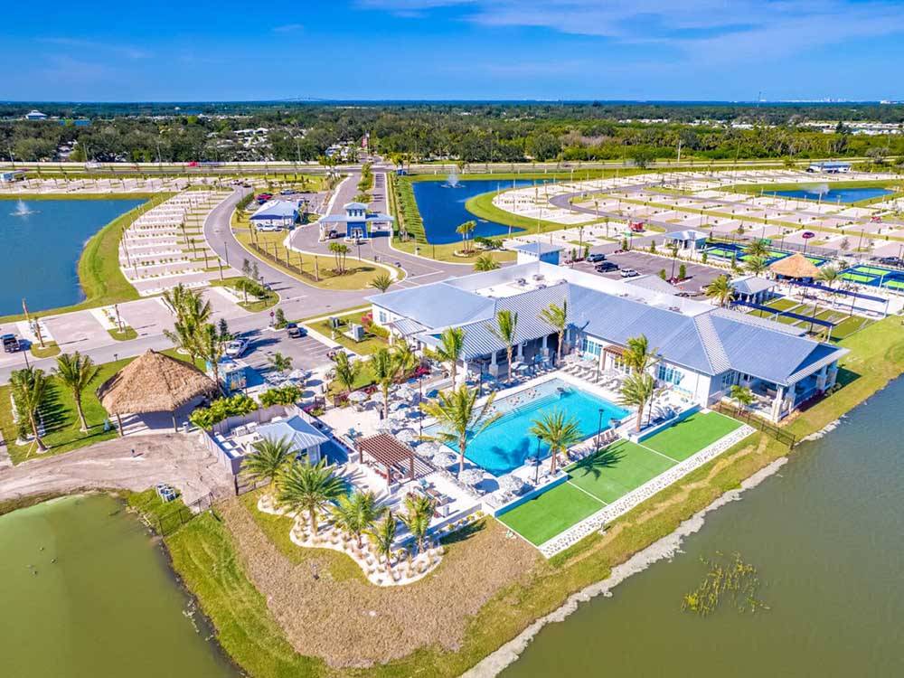 An aerial view of the clubhouse at THE SURF RV RESORT