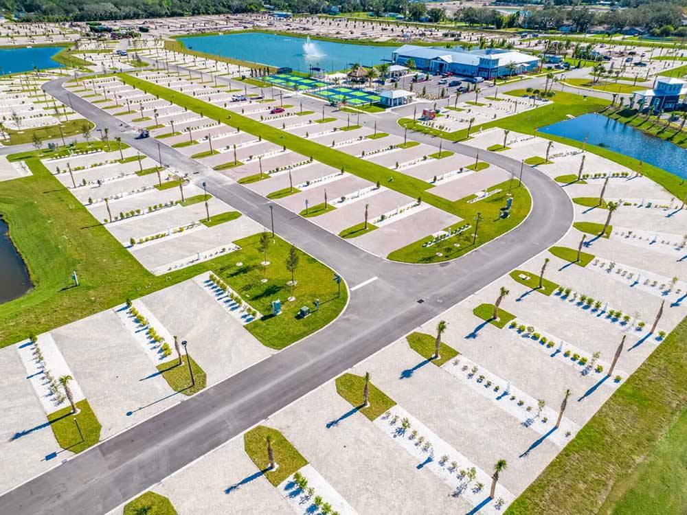 An aerial view of the empty RV sites at THE SURF RV RESORT