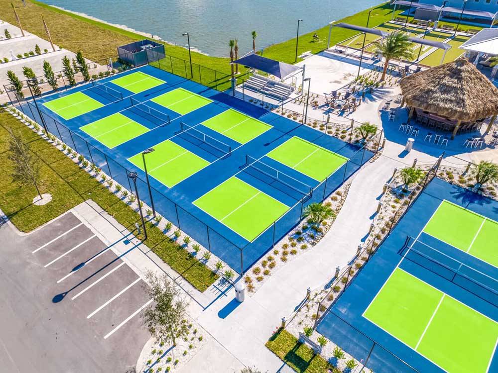An aerial view of the pickleball courts at THE SURF RV RESORT