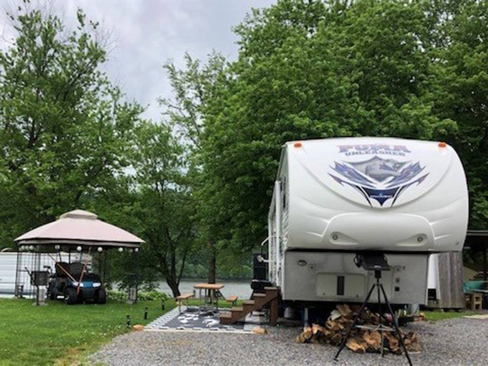 Fifth wheel parked in a gravel site at SPLASH MAGIC RV RESORT BY RJOURNEY