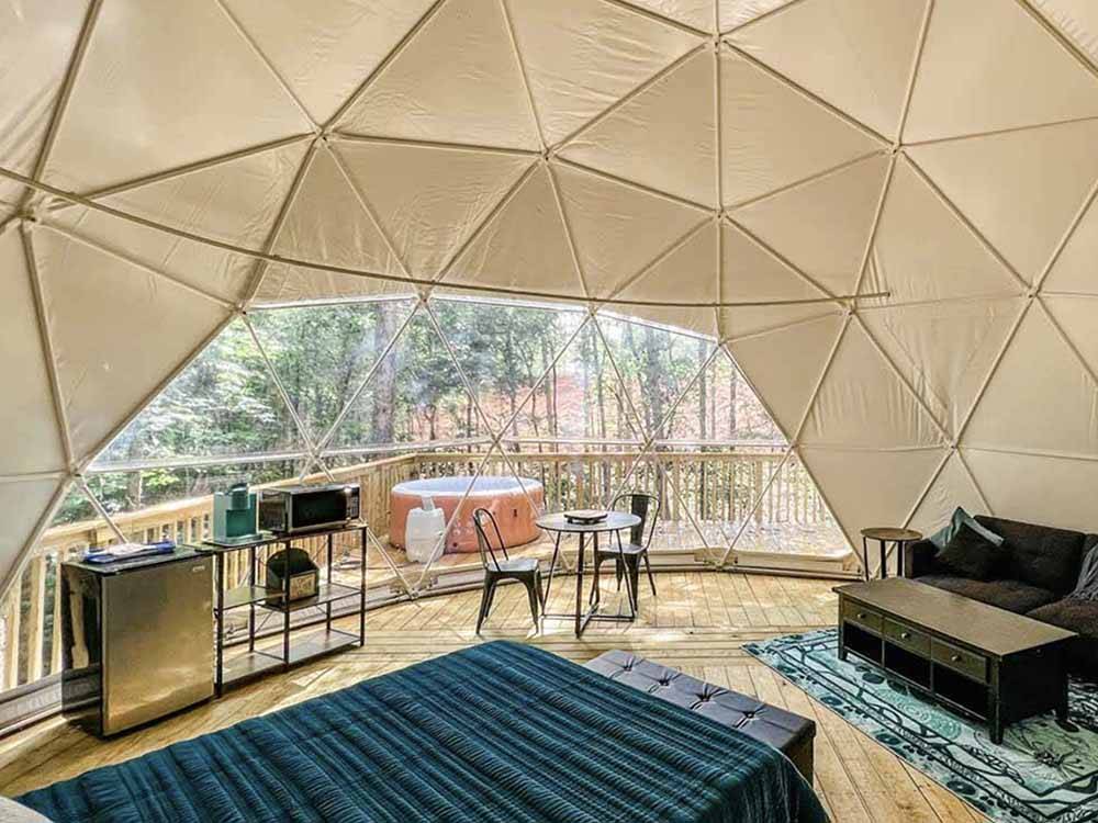 Inside of one of the rental geodesic domes at BROAD RIVER CAMPGROUND